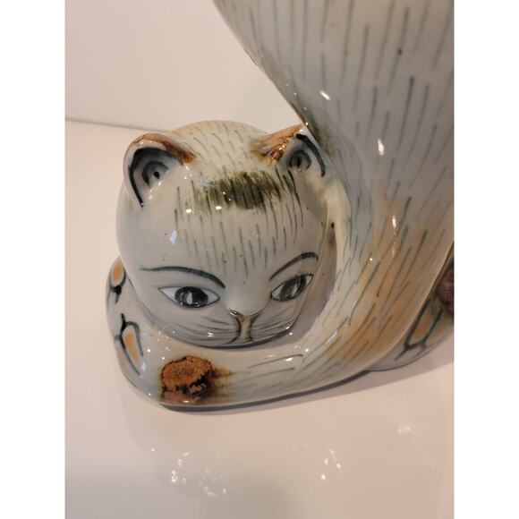 Cat Figurine Tonala Mexican Pottery Grayish Green Signed Whimsical Home Decor - Picture 11 of 12